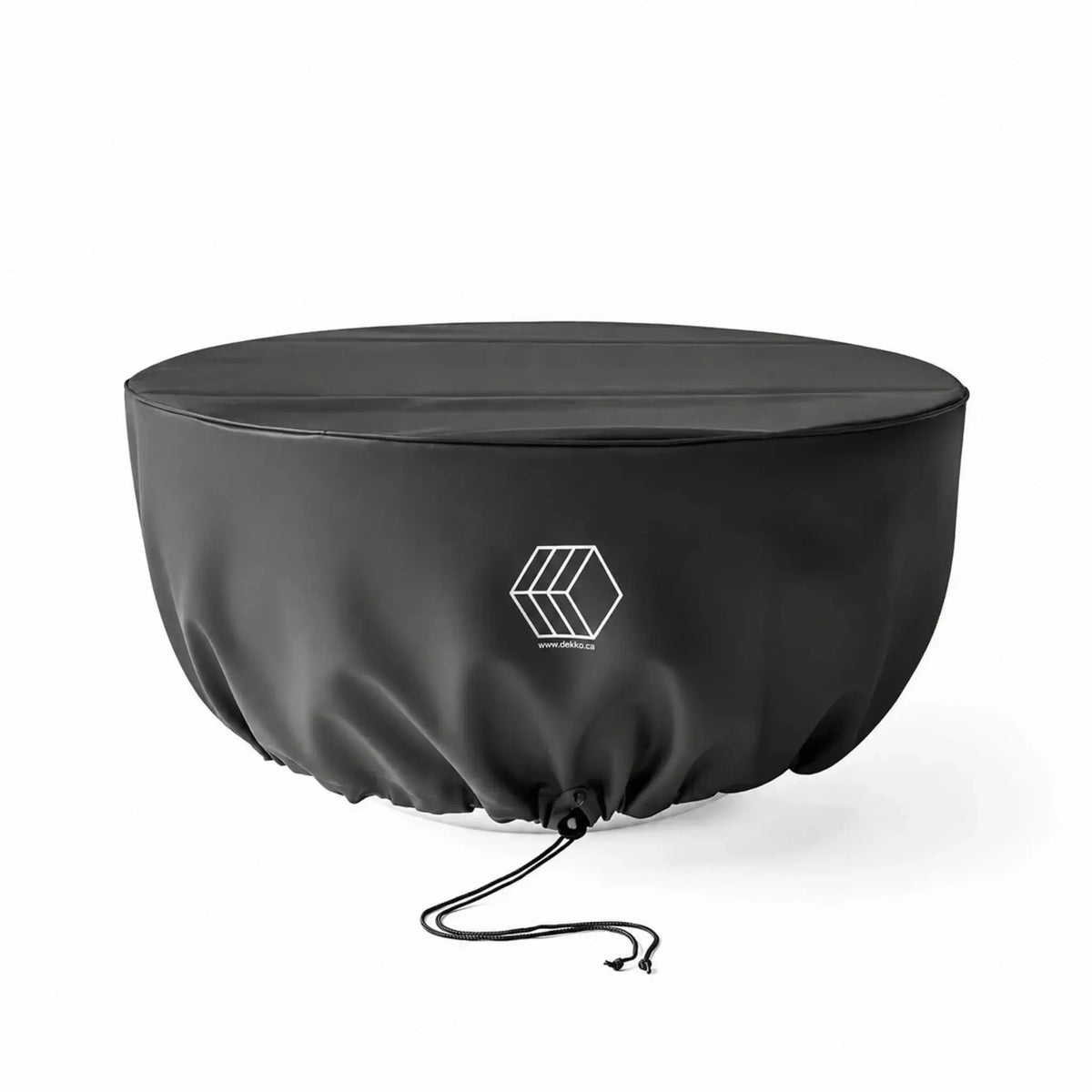 HPC Fire Hearth Products Controls GFRC Concrete Serenade 32 Weather Cover shown on a white background. This black custom-fit outdoor cover is designed specifically for the Serenade 32 round fire pit, featuring reinforced seams, a weather-resistant finish, integrated drawstring retention system, and Dekko logo detail. The cover helps shield the fire feature from moisture, dirt, leaves, and sun exposure while maintaining a clean appearance during storage.