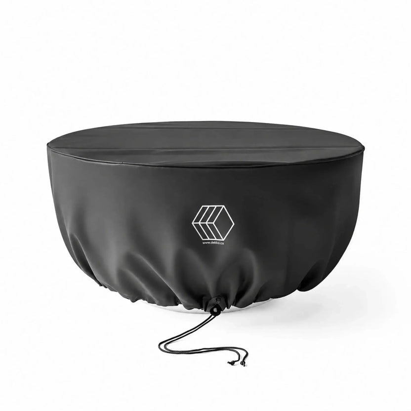 HPC Fire Hearth Products Controls GFRC Concrete Serenade 32 Weather Cover shown on a white background. This black custom-fit outdoor cover is designed specifically for the Serenade 32 round fire pit, featuring reinforced seams, a weather-resistant finish, integrated drawstring retention system, and Dekko logo detail. The cover helps shield the fire feature from moisture, dirt, leaves, and sun exposure while maintaining a clean appearance during storage.