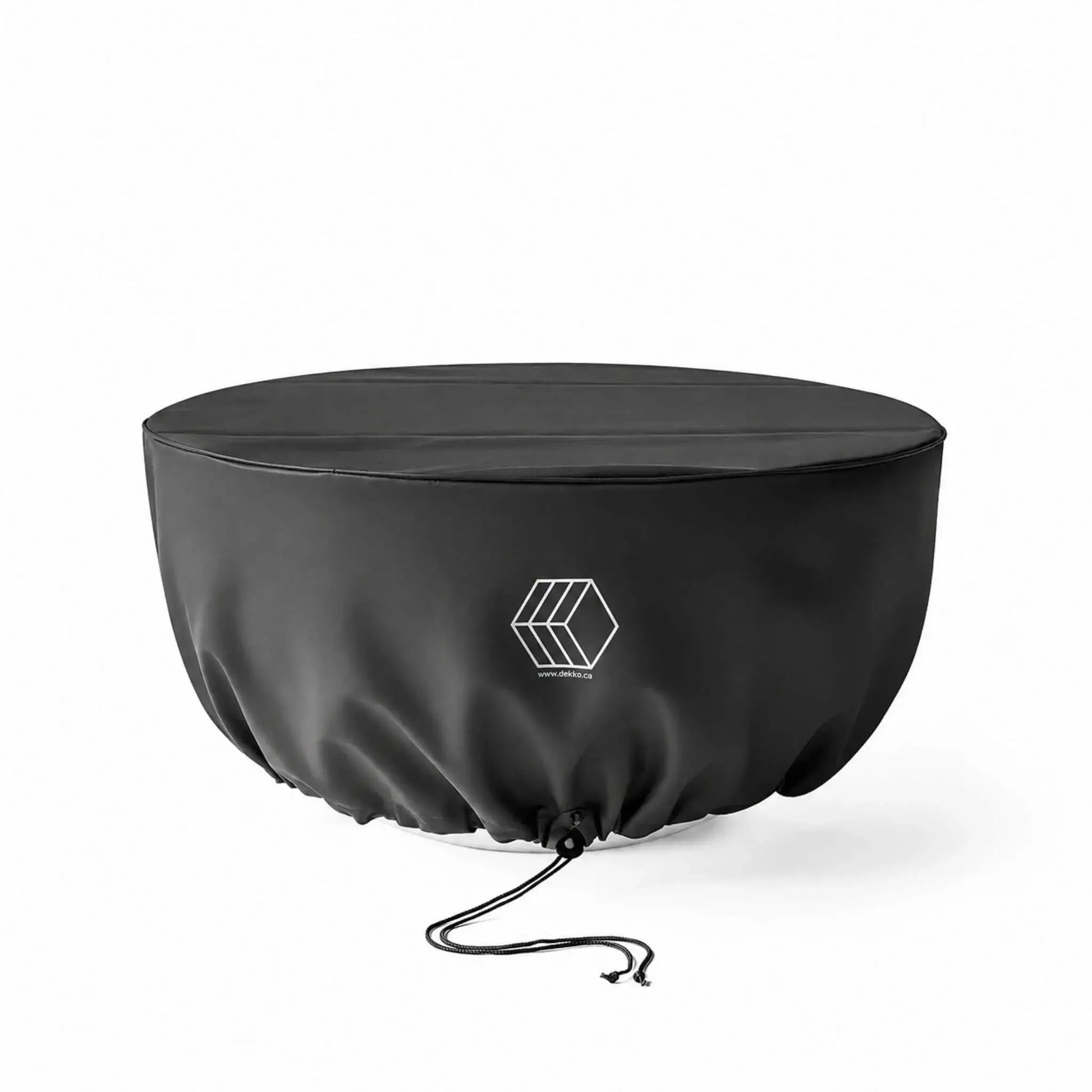 HPC Fire Hearth Products Controls GFRC Concrete Serenade 40 Weather Cover shown on a white background. This custom-fitted black protective cover is designed specifically for the Serenade 40 GFRC concrete fire pit, shielding the fire feature from rain, dust, debris, and outdoor elements. The durable weather-resistant cover features a secure drawstring closure and Dekko logo branding, helping extend the life and appearance of the fire pit when not in use.