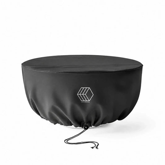 HPC Fire Hearth Products Controls GFRC Concrete Serenade 40 Weather Cover shown on a white background. This custom-fitted black protective cover is designed specifically for the Serenade 40 GFRC concrete fire pit, shielding the fire feature from rain, dust, debris, and outdoor elements. The durable weather-resistant cover features a secure drawstring closure and Dekko logo branding, helping extend the life and appearance of the fire pit when not in use.