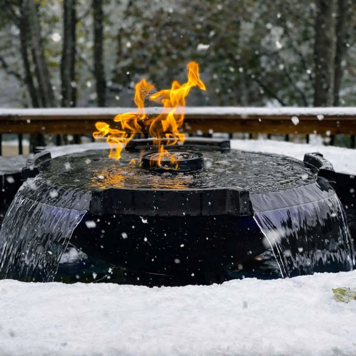 Winter scene showcasing HPC Fire Hearth Products H2O n fire fire water feature operating in snowfall, with bright flames rising above a partially frozen water surface and cascading spillways. Snow accumulates around the unit, demonstrating year-round performance of this fire and water feature.