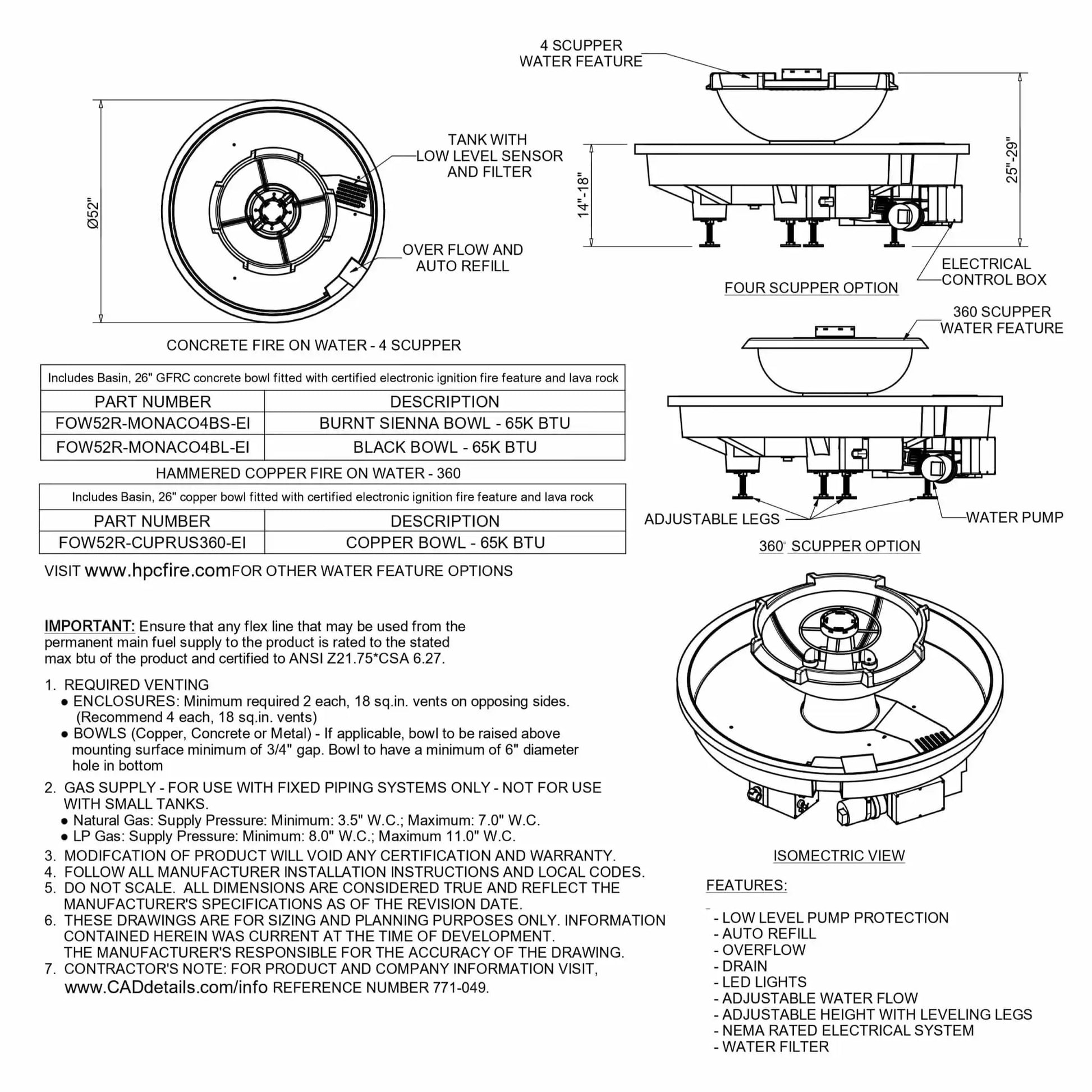 Technical specification sheet for HPC Fire Hearth Products Controls H2O n fire fire water feature showing dimensional drawings, scupper options, basin layout, and component details including pump, control box, and overflow system for this Vesta Award winning fire and water unit.