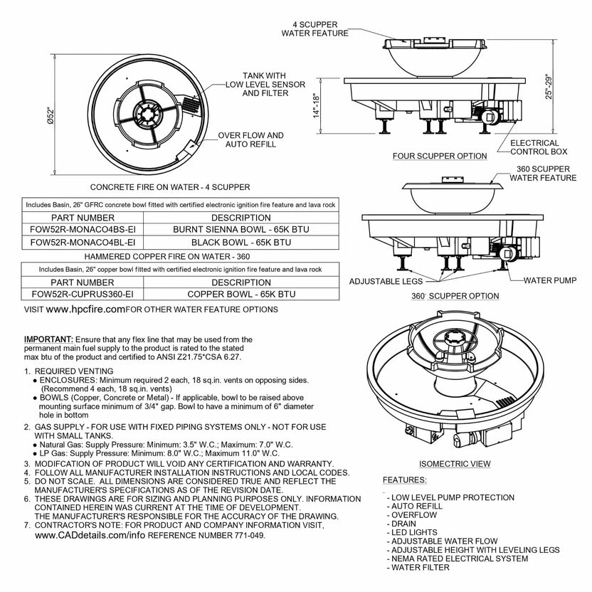 Technical specification sheet for HPC Fire Hearth Products Controls H2O n fire fire water feature showing dimensional drawings, scupper options, basin layout, and component details including pump, control box, and overflow system for this Vesta Award winning fire and water unit.
