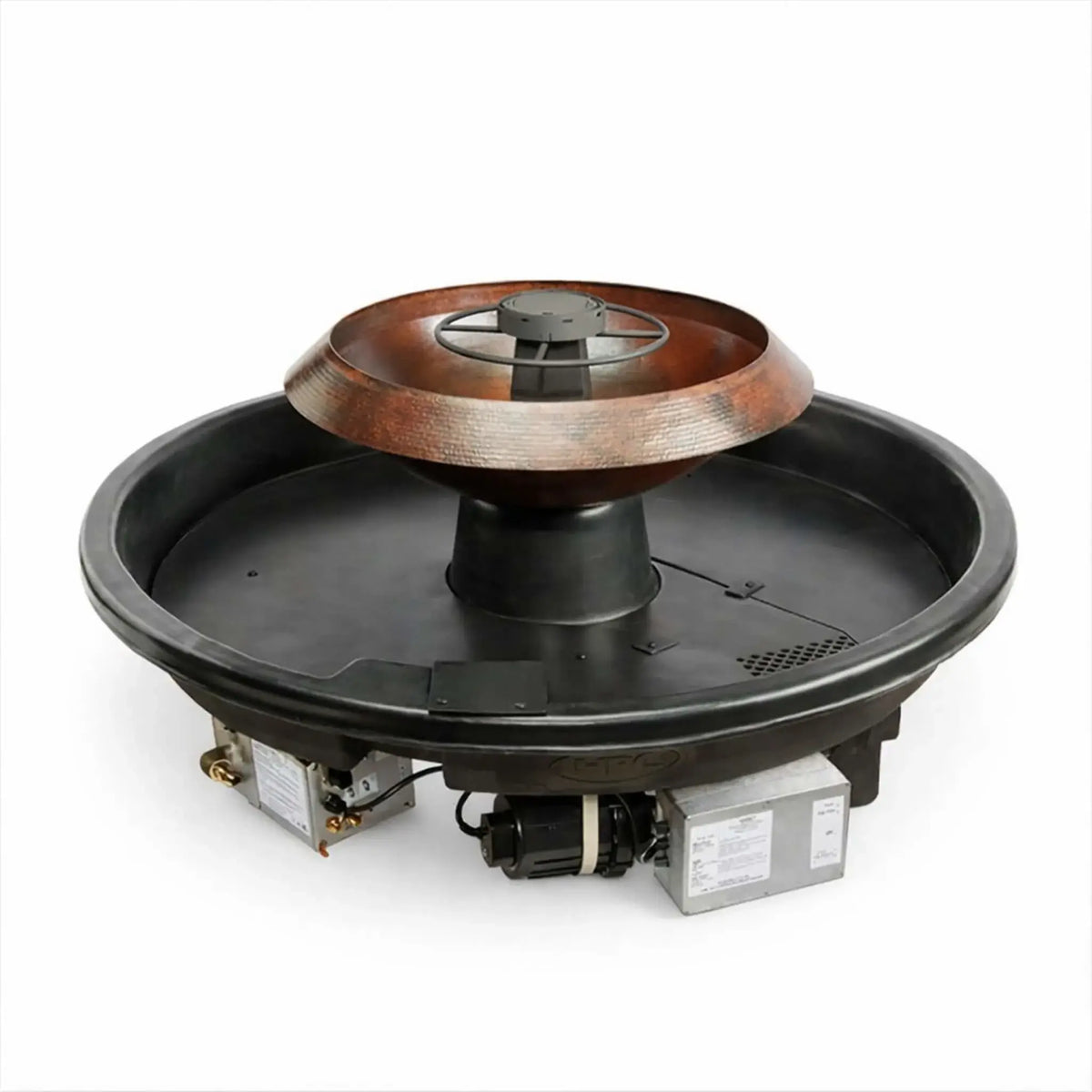 Studio product image of HPC Fire Hearth Products Controls H2O n fire fire water feature system on a clean white background, showing the full basin, copper bowl, burner assembly, and integrated pump and control components used in this Vesta Award winning fire and water installation.