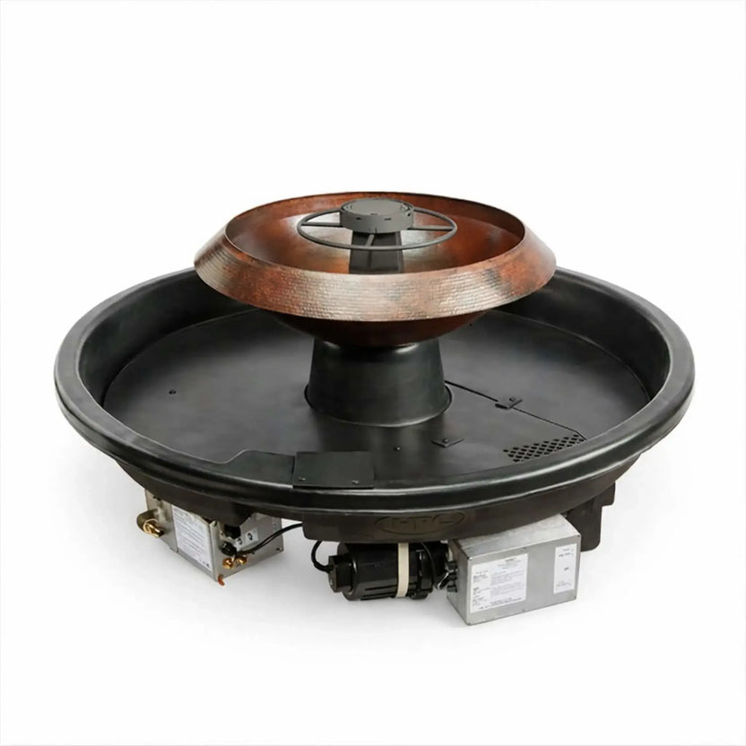 Studio product image of HPC Fire Hearth Products Controls H2O n fire fire water feature system on a clean white background, showing the full basin, copper bowl, burner assembly, and integrated pump and control components used in this Vesta Award winning fire and water installation.