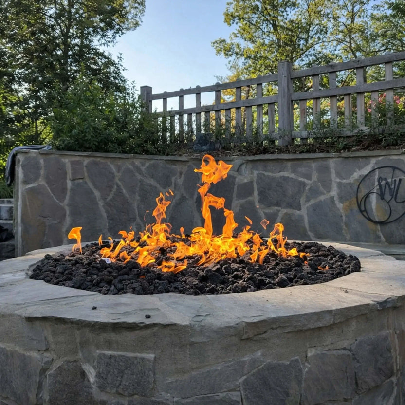Close-up view of a round stone gas fire pit filled with black lava rock and lively flames, set against a natural stone retaining wall and wooden fence, showcasing the texture of the materials and flame movement.