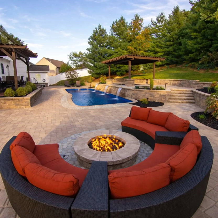 Curved outdoor seating area with red cushioned wicker chairs surrounding a circular gas fire pit filled with lava rock, overlooking a backyard with a pool, waterfalls, pergola, and landscaped stone patio for a luxurious outdoor living space.