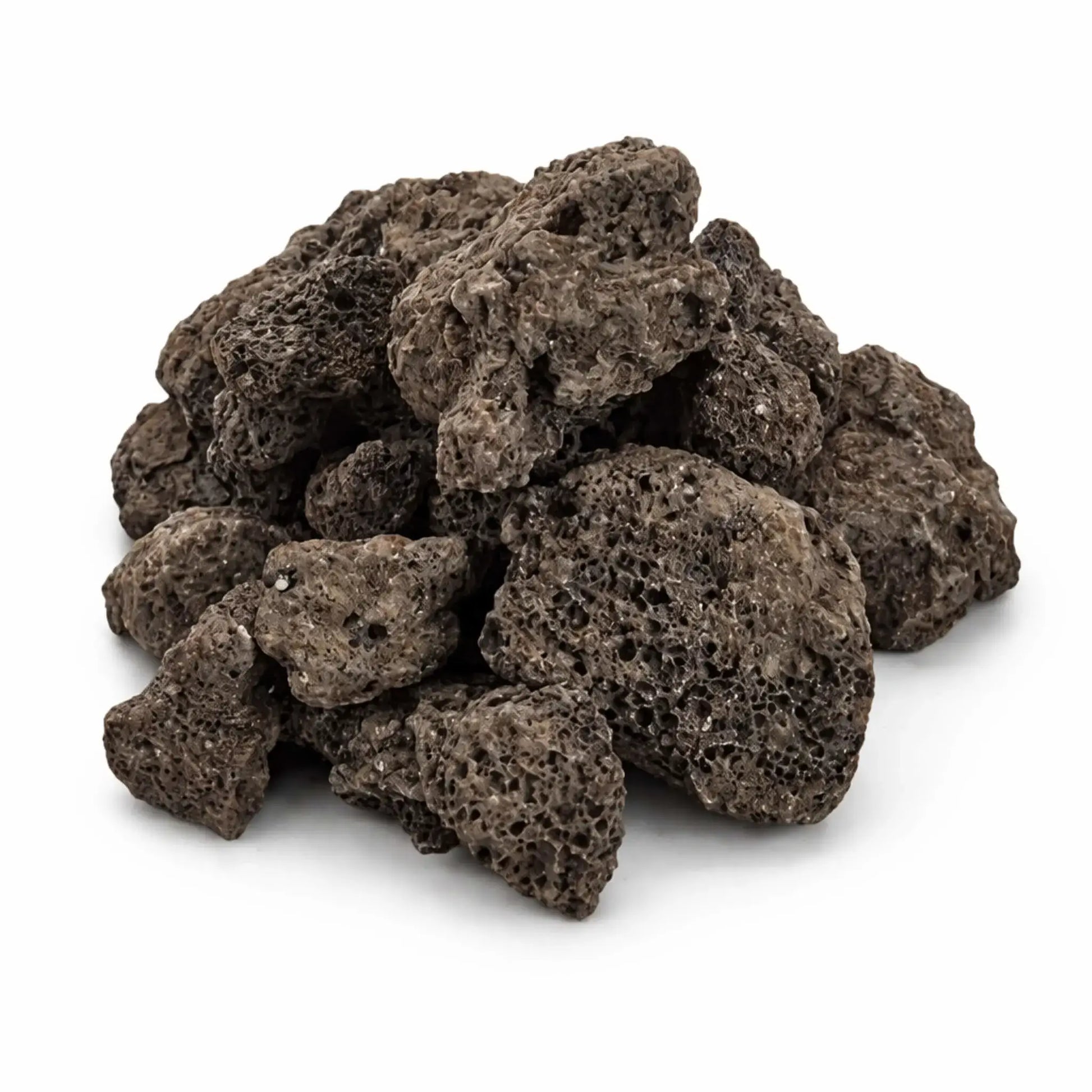 Pile of natural lava rock stones with porous texture and dark brown to charcoal tones, isolated on a clean white background, showcasing irregular shapes and lightweight volcanic material used for gas fire pits and burners.
