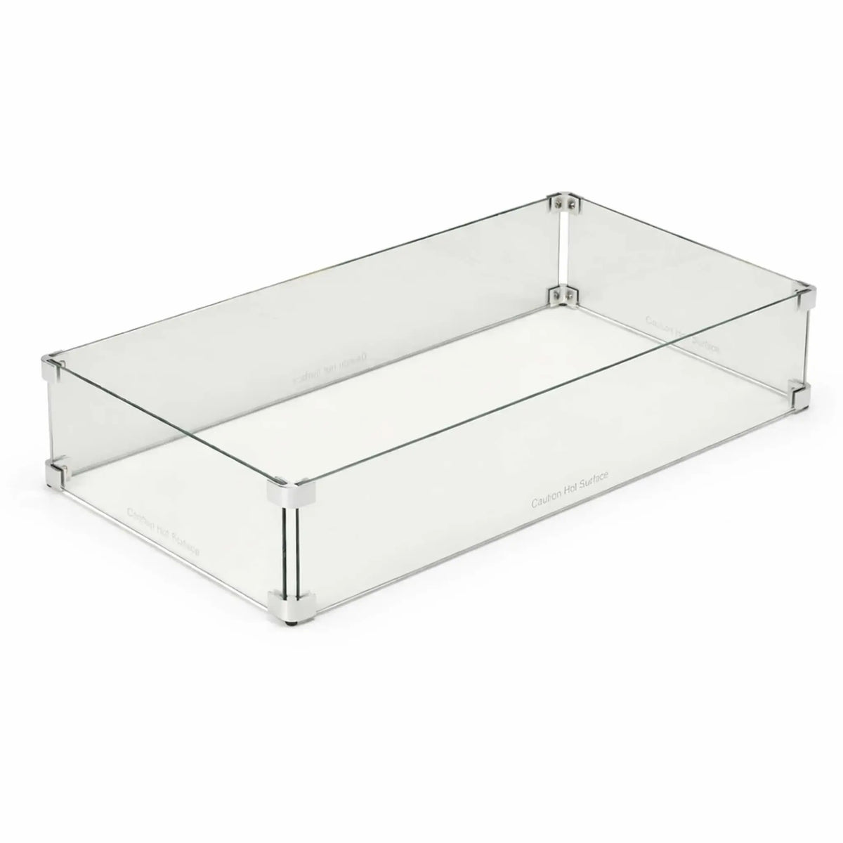 Rectangular tempered glass wind guard for fire pit tables displayed on a clean white background, showing clear panels, polished edges, and metal corner connectors designed to protect flames from wind.