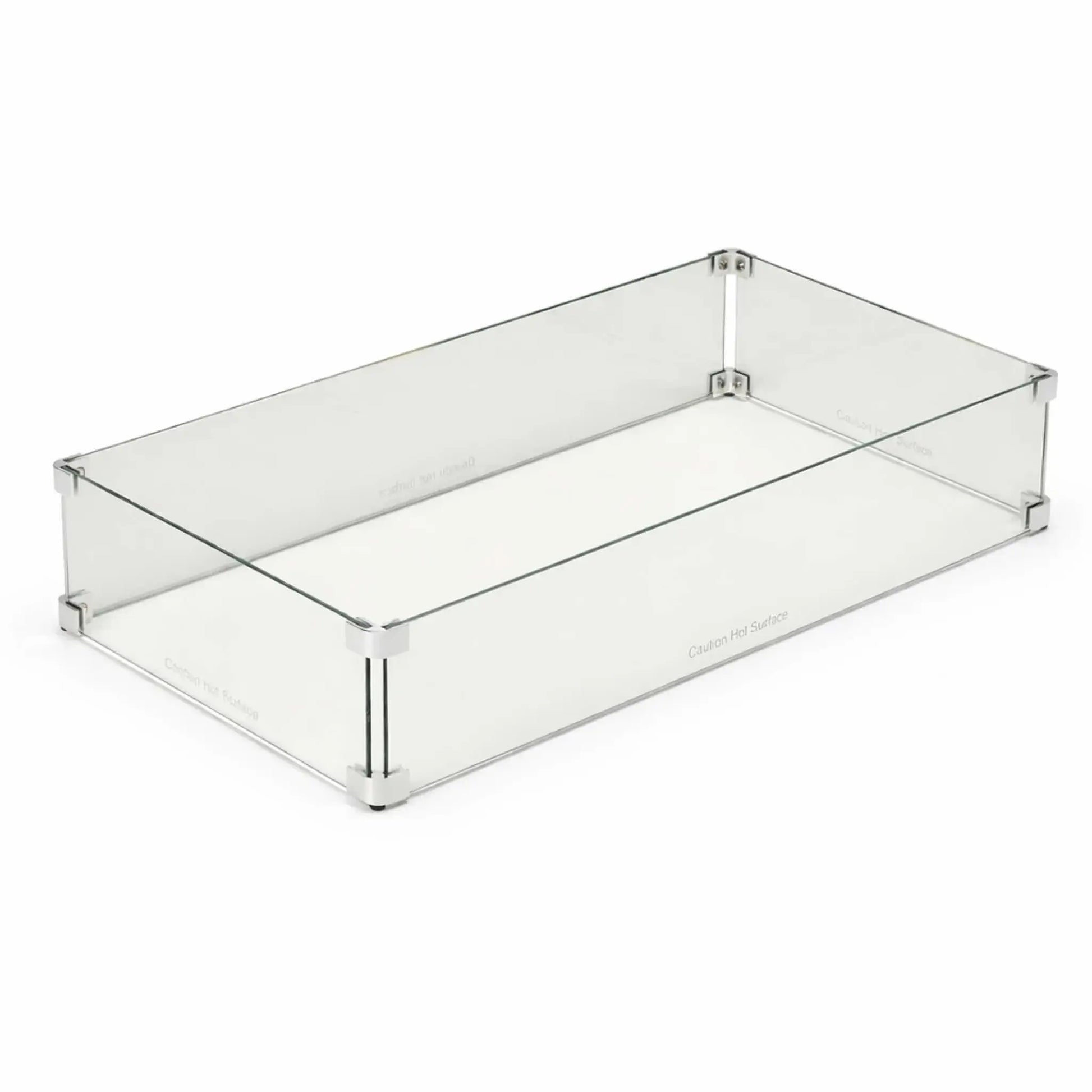 Rectangular tempered glass wind guard for fire pit tables displayed on a clean white background, showing clear panels, polished edges, and metal corner connectors designed to protect flames from wind.