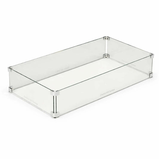 Rectangular tempered glass wind guard for fire pit tables displayed on a clean white background, showing clear panels, polished edges, and metal corner connectors designed to protect flames from wind.
