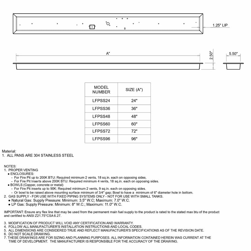 Detailed technical specification drawing of a linear fire pit burner pan made from 304 stainless steel, showing top and side views with dimensions, 1.25-inch lip edge, and depth profile. Includes model sizes ranging from 24 to 96 inches, ventilation requirements, gas pressure specifications, and installation notes for safe outdoor fire pit construction.