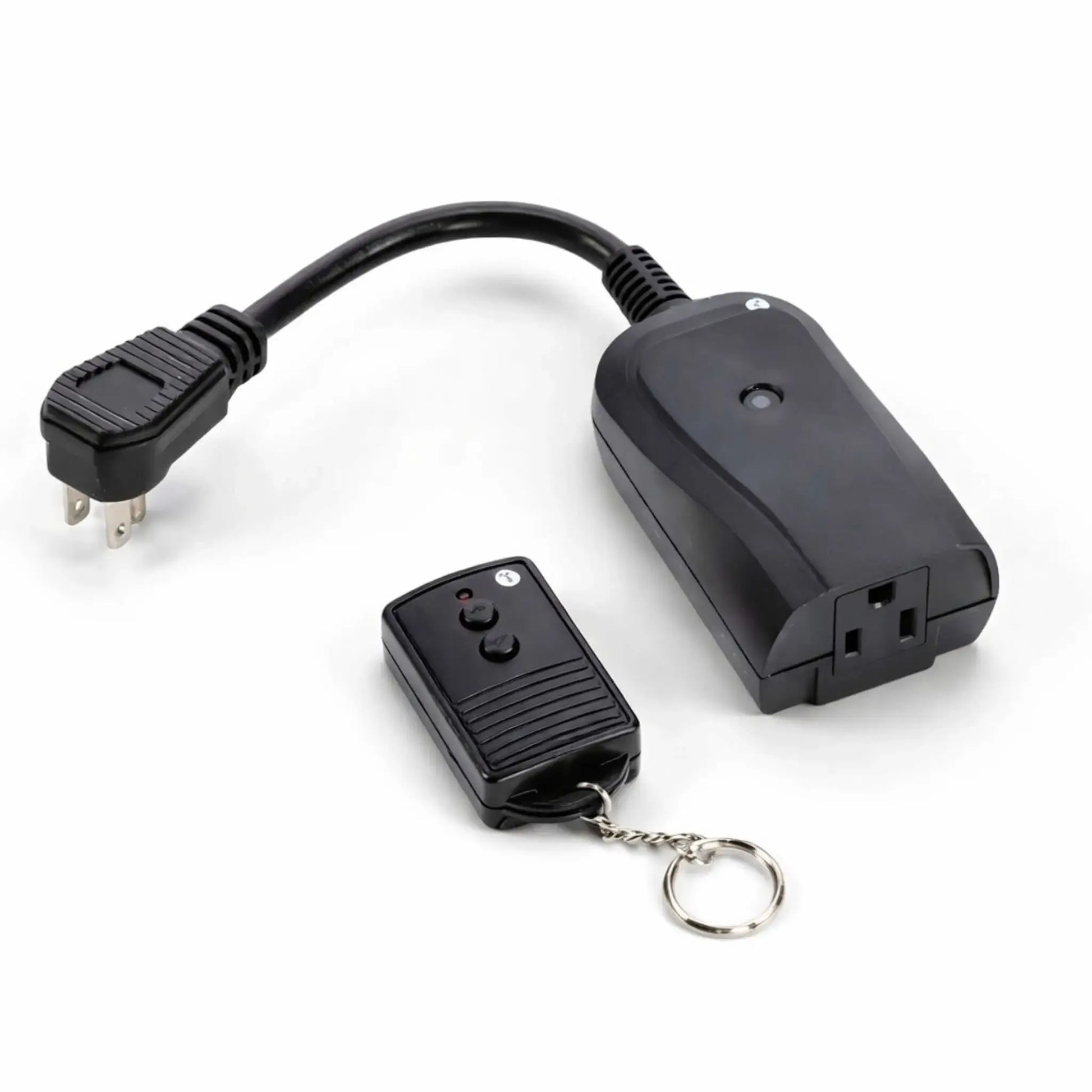 Close-up product image of a black handheld on/off remote control system for fire pit or fireplace use, featuring a compact receiver box with a grounded plug and female outlet connection. The paired keychain-style remote has two push buttons and a small red LED indicator, shown on a clean white background to highlight the components and wiring detail.