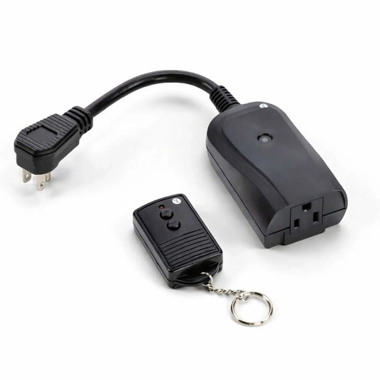 Close-up product image of a black handheld on/off remote control system for fire pit or fireplace use, featuring a compact receiver box with a grounded plug and female outlet connection. The paired keychain-style remote has two push buttons and a small red LED indicator, shown on a clean white background to highlight the components and wiring detail.