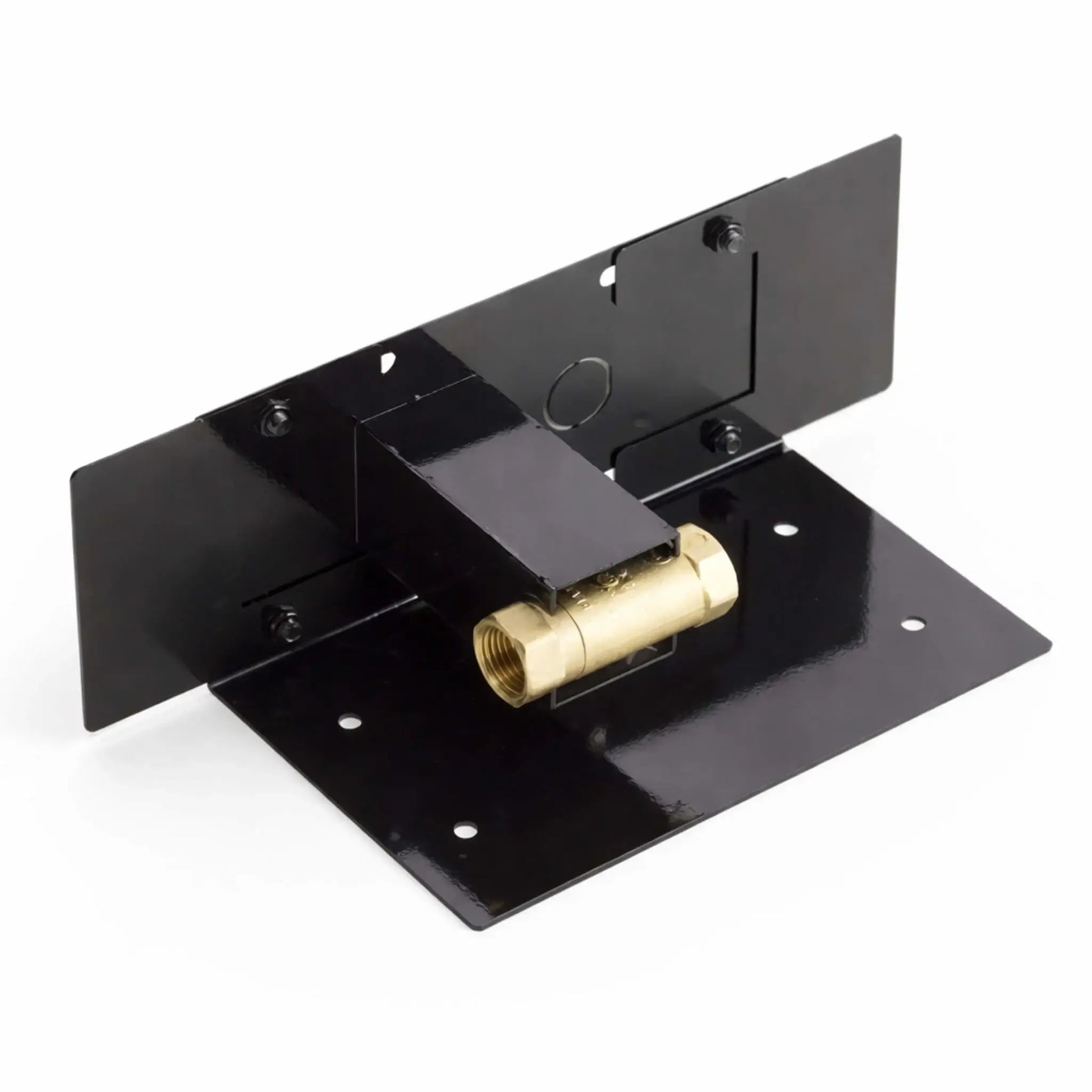 Rear angled view of a black powder-coated steel paver block bracket assembly with a brass gas valve connection centered beneath a protective metal cover. The flat base plate includes multiple mounting holes for secure installation, while the vertical back plate shows bolt hardware and cutouts, clearly illustrating structural design and gas line access points.