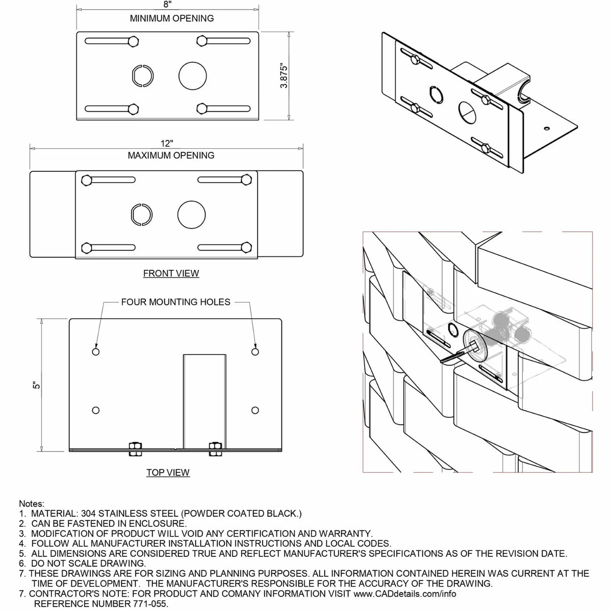 Technical specification sheet showing detailed line drawings of a paver block gas valve bracket system, including front and top views with labeled dimensions for minimum and maximum openings. The diagram highlights mounting hole locations, bracket adjustability, and installation within a block wall, along with notes specifying 304 stainless steel construction and installation guidelines.