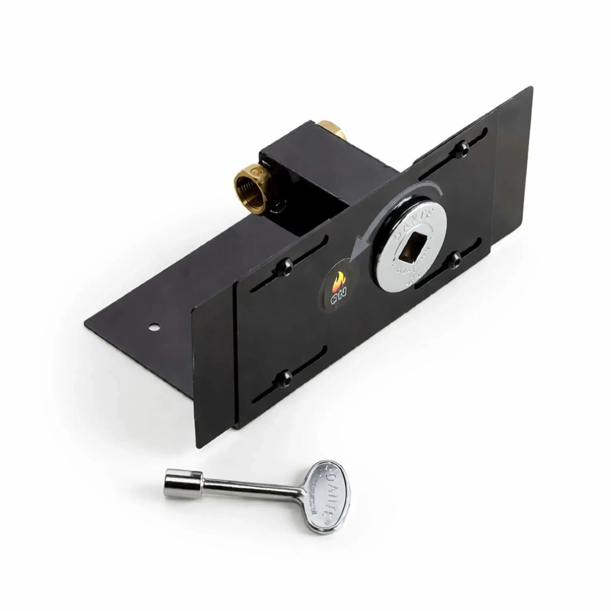 Black powder-coated steel paver block bracket with integrated gas key valve, shown from the front at an angle on a clean white background. The rectangular mounting plate features adjustable slots, a circular silver key valve face with directional arrow, and a visible brass gas inlet fitting. A chrome gas key tool is placed in front, highlighting compatibility and operation access.