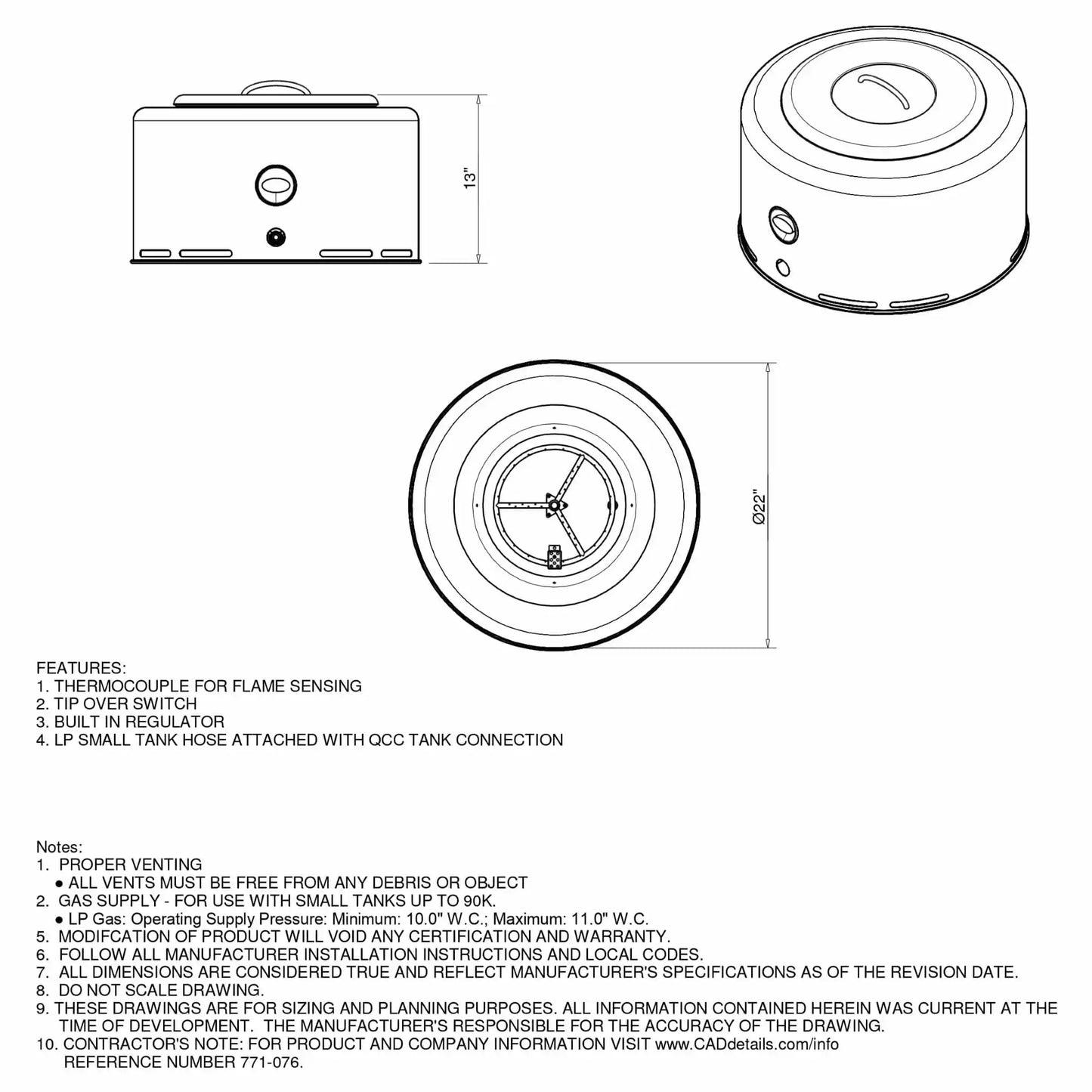 Technical specification sheet for the HPC Portable Sport Pit Tailgate Fire, showing dimension diagrams, top and side views, and labeled measurements. Includes feature list such as thermocouple flame sensing, tip-over switch, built-in regulator, and LP hose connection details for proper installation and safety.