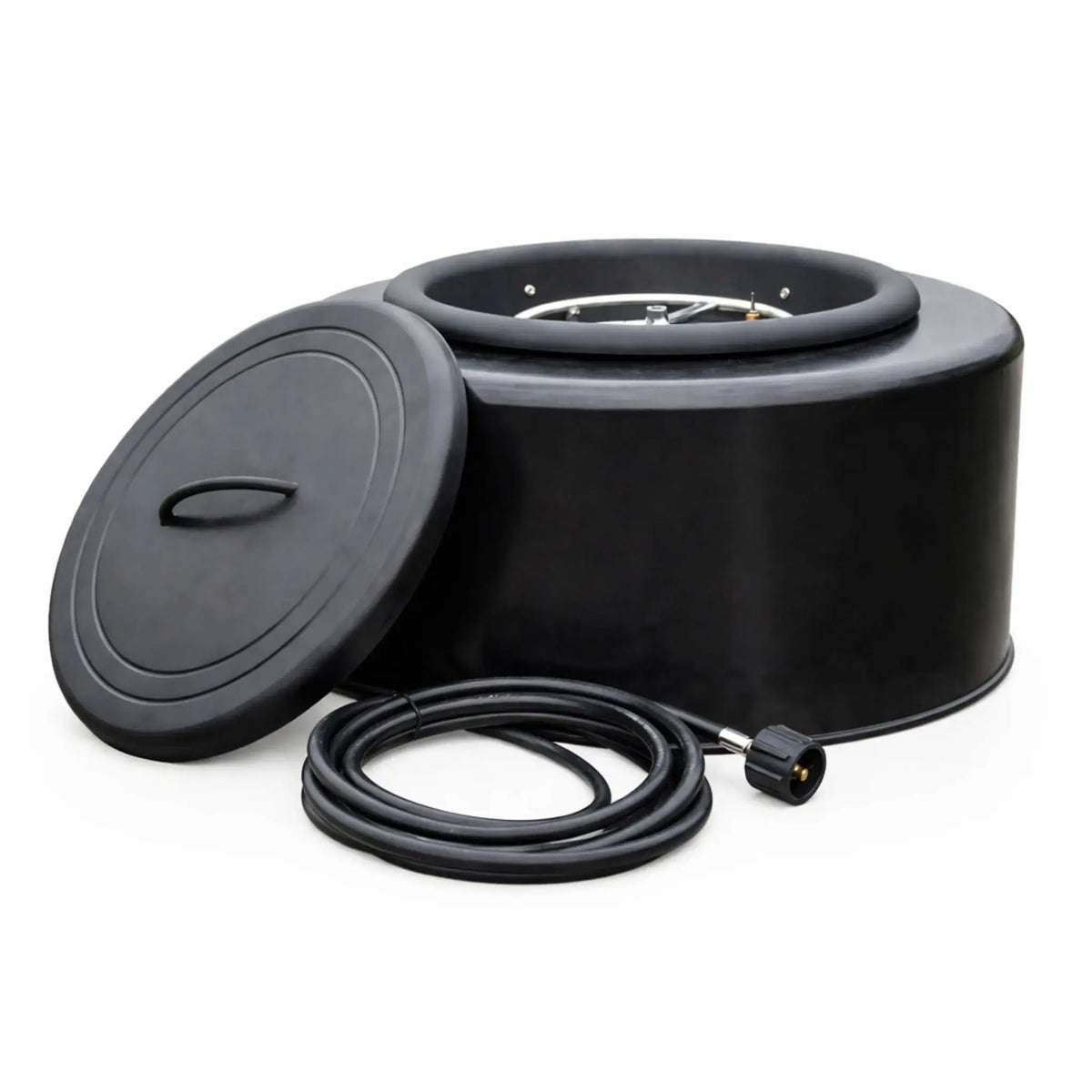 HPC Portable Sport Pit Tailgate Fire displayed with lid removed, revealing the internal burner assembly and included propane hose with connector. Set against a white background, this image showcases the complete portable fire pit components and easy setup for outdoor use.