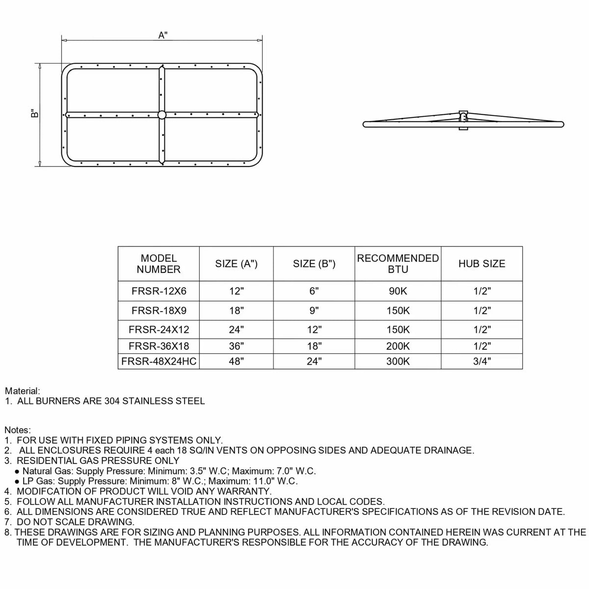 HPC Fire Hearth Products Controls rectangle burner FRSR specification sheet showing detailed top and side technical drawings with labeled dimensions A and B, along with a sizing chart for models FRSR 12x6 through FRSR 48x24HC. The chart includes size measurements, recommended BTU ratings, and hub sizes, plus installation notes and material specs for stainless steel fire pit burners used in outdoor gas fire feature planning.