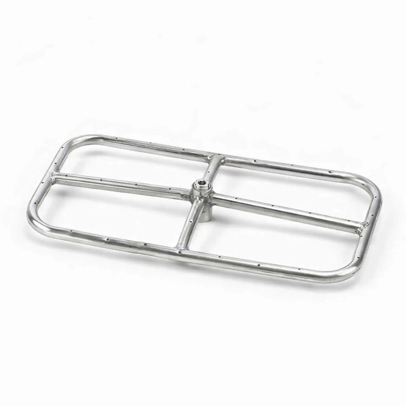 Rectangular stainless steel fire pit burner with a clean welded frame and evenly spaced flame ports along the perimeter. Features a crossbar design with a central gas inlet hub, photographed on a white background to highlight construction and compact size options for smaller fire features.