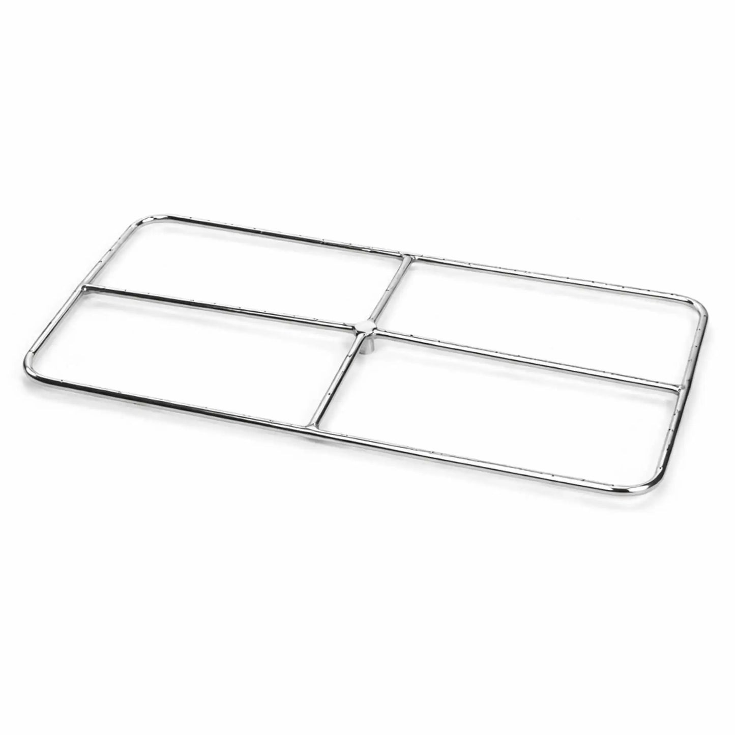 HPC Fire Hearth Products rectangle fire pit burner FRSR 36x18 constructed from stainless steel, featuring a rectangular outer ring with a crossbar support design for balanced gas distribution. Displayed on a white background, this linear-style burner highlights precision-drilled ports for consistent flame output, making it ideal for long rectangular fire pit installations and modern outdoor gas fire feature designs.