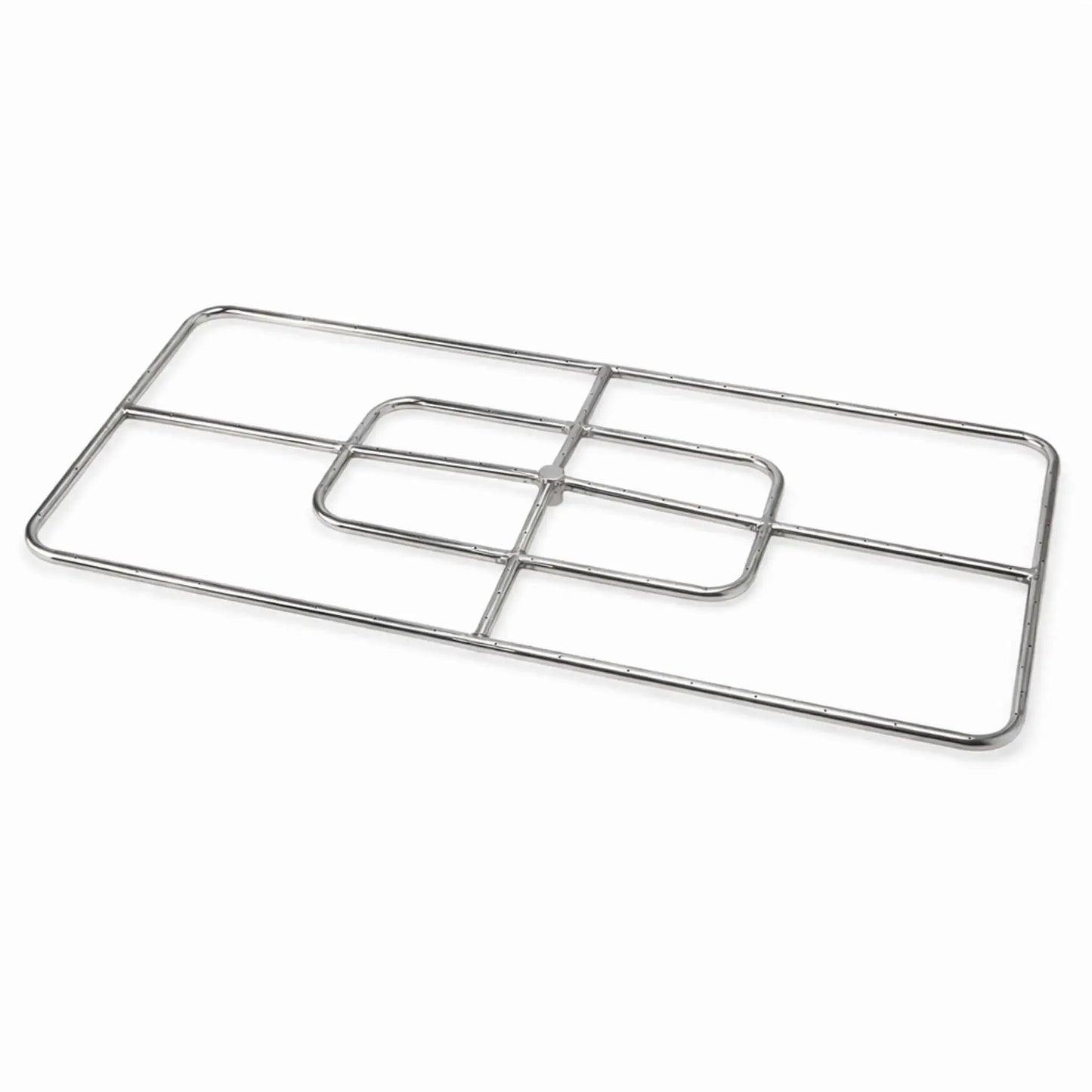Large rectangular stainless steel fire pit burner with an additional inner ring for high-capacity flame output. Designed with multiple burner channels and a central hub for enhanced gas flow, this 48 by 24 inch model is ideal for oversized fire features, displayed on a clean white background.