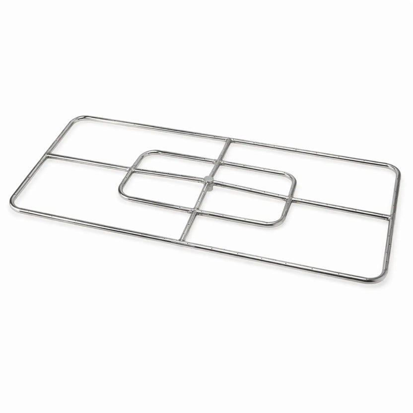 Large rectangular stainless steel fire pit burner with an additional inner ring for high-capacity flame output. Designed with multiple burner channels and a central hub for enhanced gas flow, this 48 by 24 inch model is ideal for oversized fire features, displayed on a clean white background.