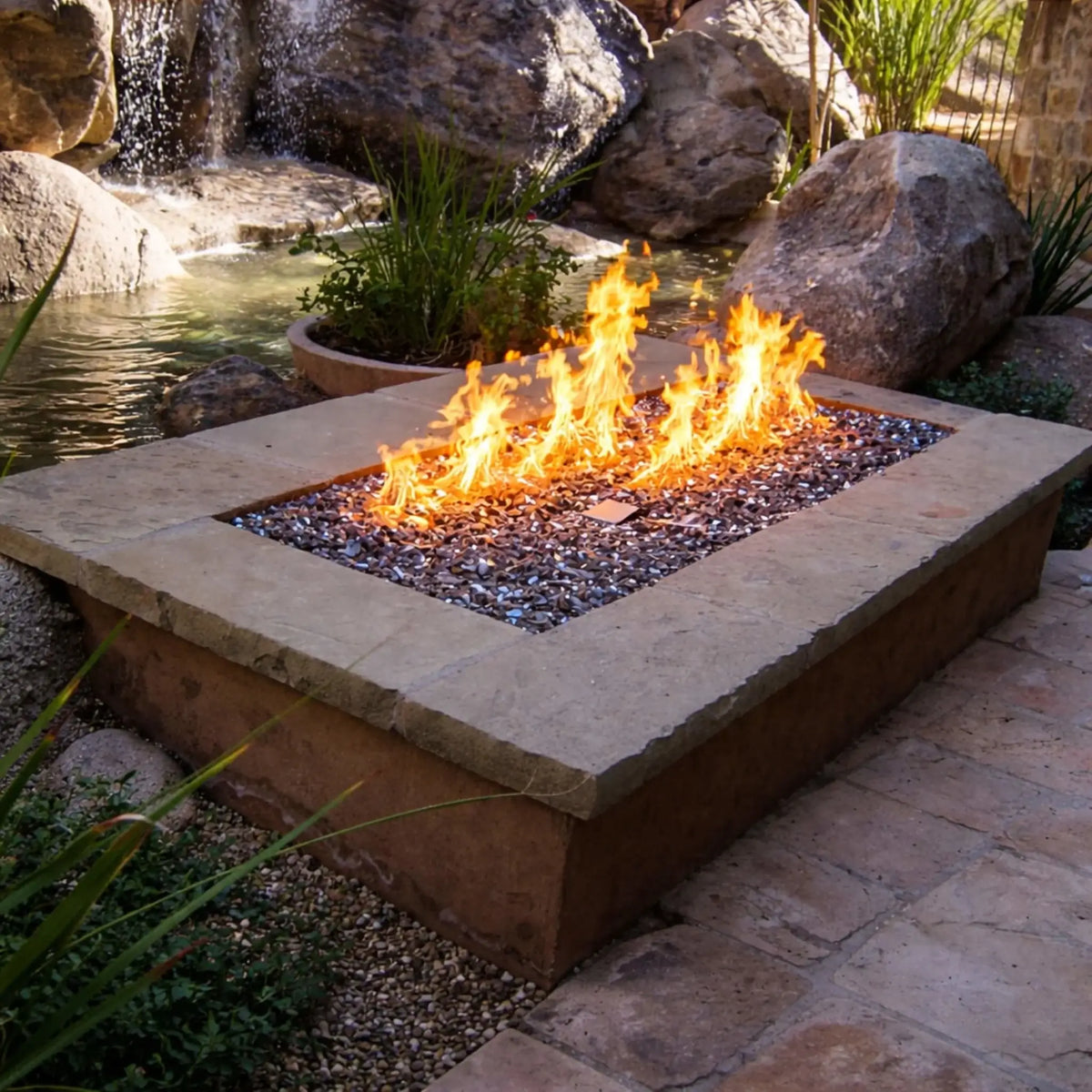 Rustic outdoor fire pit with a rectangular burner and glass media, set beside a natural rock waterfall and pond. Bright flames rise against the backdrop of flowing water, large boulders, and lush plants, creating a tranquil and visually dynamic backyard setting.