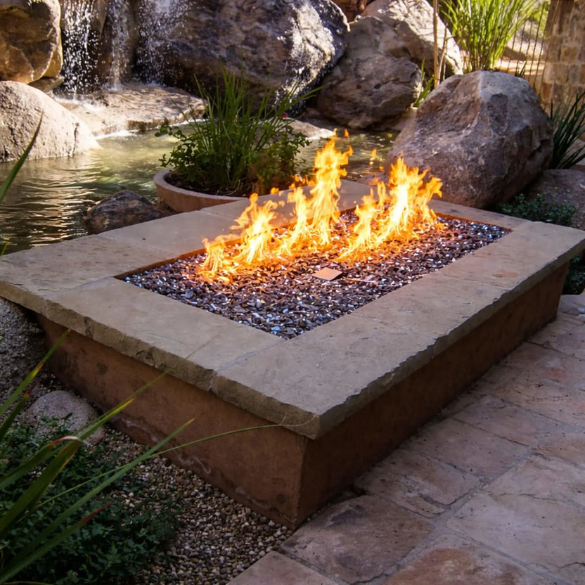 Rustic outdoor fire pit with a rectangular burner and glass media, set beside a natural rock waterfall and pond. Bright flames rise against the backdrop of flowing water, large boulders, and lush plants, creating a tranquil and visually dynamic backyard setting.