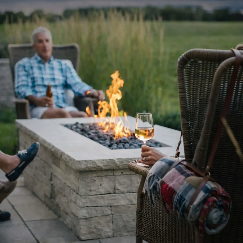 Outdoor seating area featuring a rectangular stone fire pit with lava rock and a linear flame, surrounded by wicker chairs. A person in the foreground holds a glass of wine, while another relaxes in the background, creating a calm, intimate backyard setting at sunset.