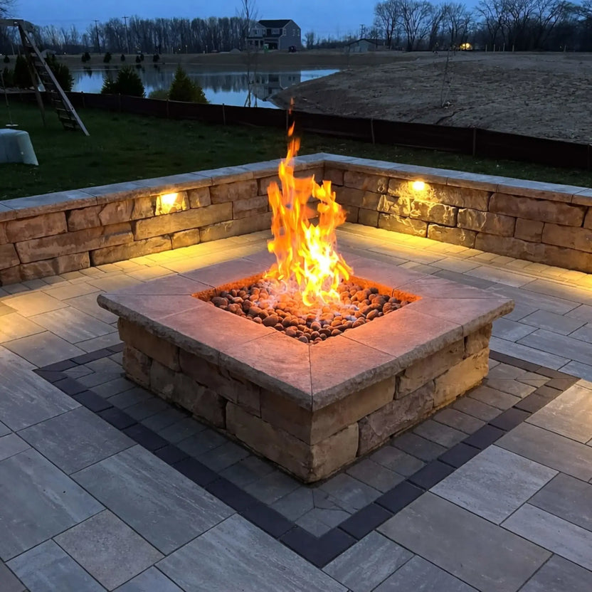 Square stone fire pit with glowing lava rocks and a strong flame, surrounded by a paved patio and illuminated retaining wall. The evening setting overlooks a pond and open landscape, with built-in lighting adding warmth and highlighting the fire feature as a focal point.