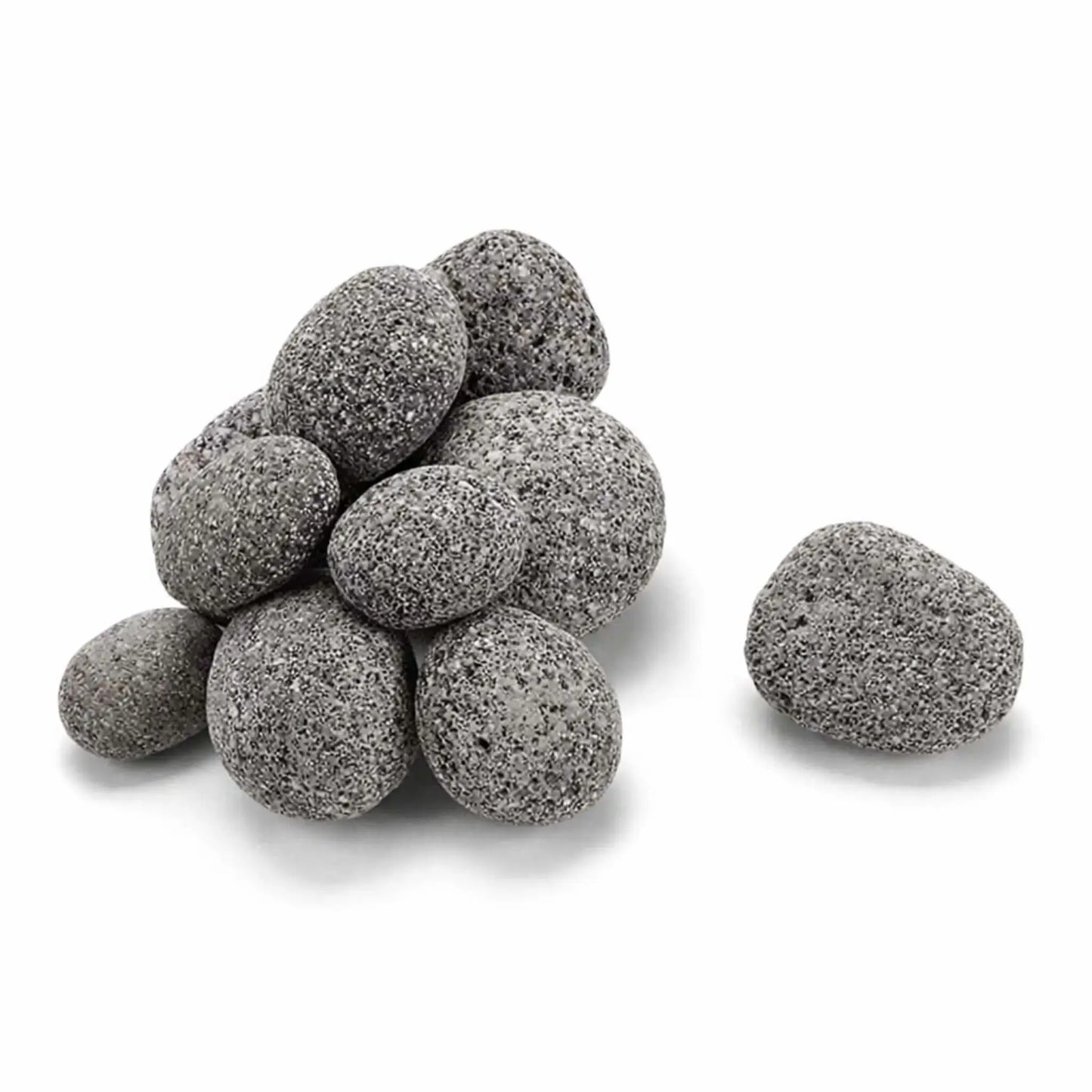 Close-up product image of smooth, rounded gray lava stones stacked in a small pile on a clean white background. The stones feature a speckled texture and uniform shape, ideal for gas fire pits and fire features, with one stone placed separately to highlight size and detail.