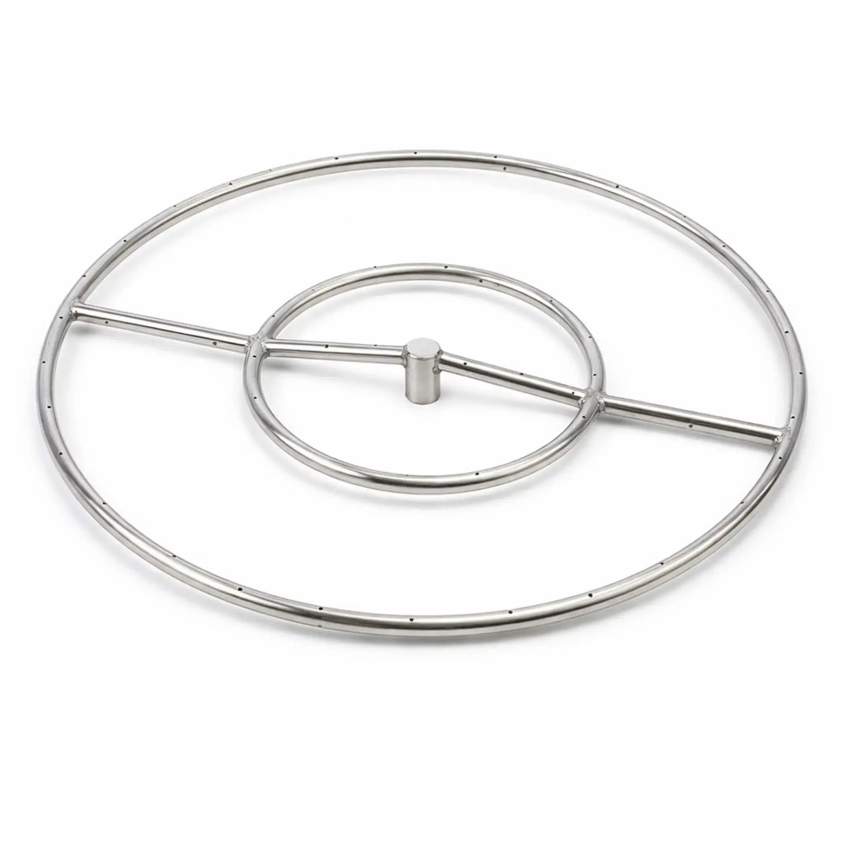 HPC Fire Hearth Products round fire pit burner FRS 24 24HC constructed from stainless steel, featuring a dual-ring circular burner design with a central hub and crossbar support for balanced gas flow. Shown on a white background, this compact round burner highlights evenly spaced flame ports for consistent fire output, making it ideal for medium-sized outdoor fire pits and custom gas fire feature installations.
