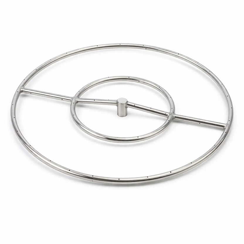 HPC Fire Hearth Products round fire pit burner FRS 24 24HC constructed from stainless steel, featuring a dual-ring circular burner design with a central hub and crossbar support for balanced gas flow. Shown on a white background, this compact round burner highlights evenly spaced flame ports for consistent fire output, making it ideal for medium-sized outdoor fire pits and custom gas fire feature installations.