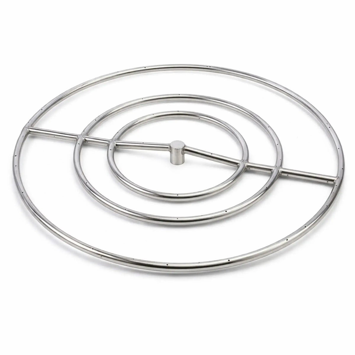 Large round stainless steel fire pit burner with a triple-ring configuration, designed for higher BTU output and wider flame coverage. The concentric rings are reinforced with a central crossbar and hub, providing consistent gas flow for larger outdoor fire pit installations.