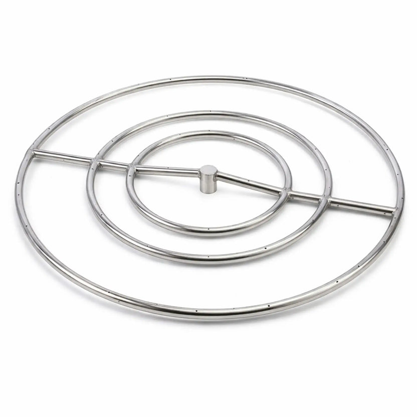 Large round stainless steel fire pit burner with a triple-ring configuration, designed for higher BTU output and wider flame coverage. The concentric rings are reinforced with a central crossbar and hub, providing consistent gas flow for larger outdoor fire pit installations.