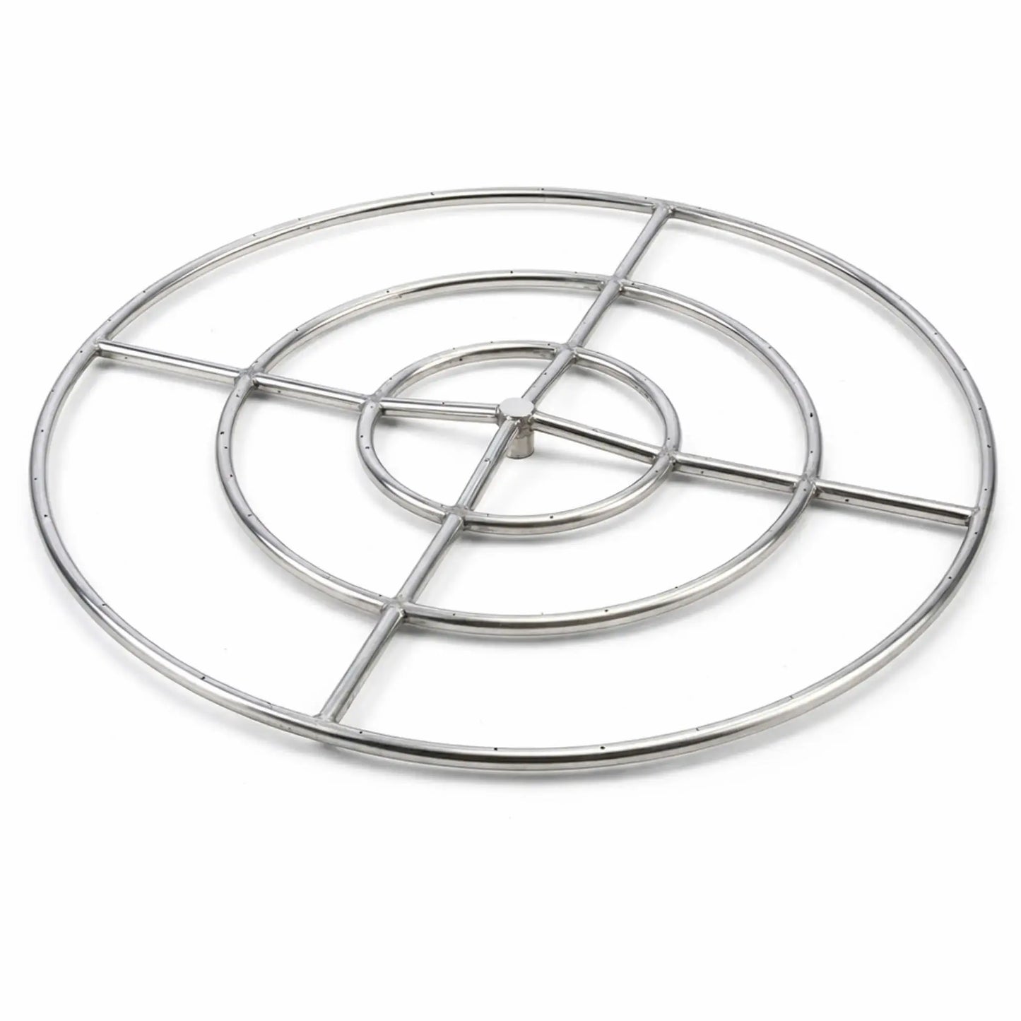 HPC Fire Hearth Products round fire pit burner FRS 36 48 made from stainless steel, featuring a multi-ring concentric burner design with cross supports for even gas distribution. Shown on a clean white background, this circular burner assembly highlights precision-drilled ports for consistent flame output, ideal for large outdoor fire pit installations and custom gas fire feature builds.