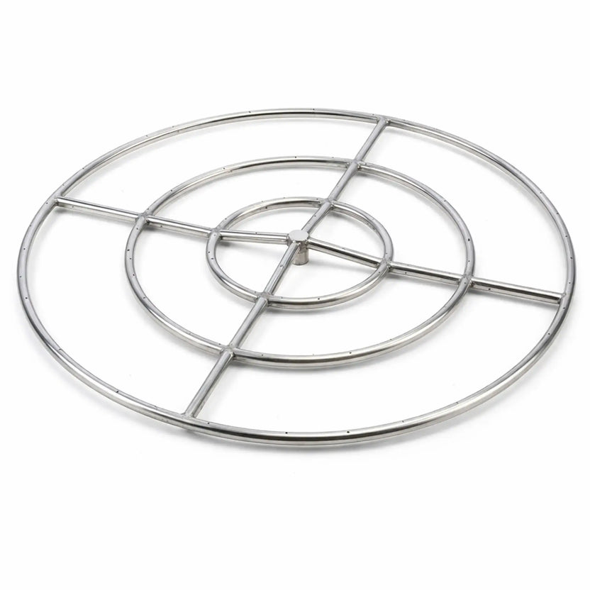 HPC Fire Hearth Products round fire pit burner FRS 36 48 made from stainless steel, featuring a multi-ring concentric burner design with cross supports for even gas distribution. Shown on a clean white background, this circular burner assembly highlights precision-drilled ports for consistent flame output, ideal for large outdoor fire pit installations and custom gas fire feature builds.