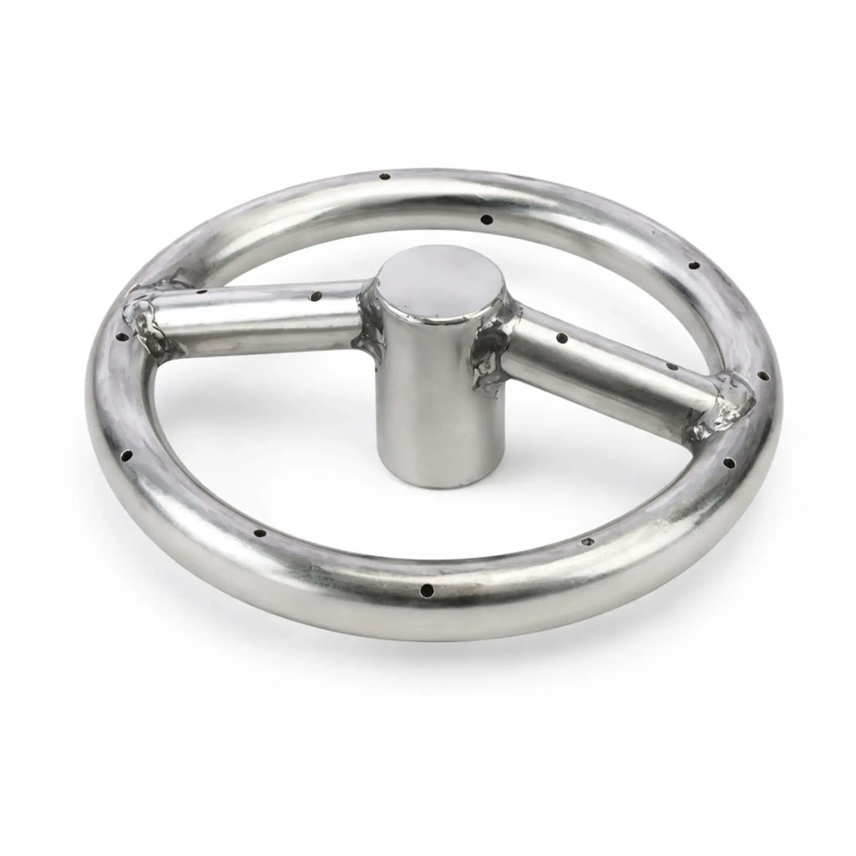 Close-up of a compact round stainless steel fire pit burner featuring a single circular ring with evenly spaced gas ports and a central hub connection. The welded crossbar supports the ring, showcasing durable 304 stainless steel construction ideal for smaller custom gas fire pit installations.