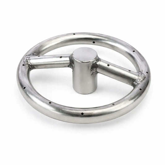 Close-up of a compact round stainless steel fire pit burner featuring a single circular ring with evenly spaced gas ports and a central hub connection. The welded crossbar supports the ring, showcasing durable 304 stainless steel construction ideal for smaller custom gas fire pit installations.