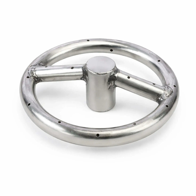 Close-up of a compact round stainless steel fire pit burner featuring a single circular ring with evenly spaced gas ports and a central hub connection. The welded crossbar supports the ring, showcasing durable 304 stainless steel construction ideal for smaller custom gas fire pit installations.