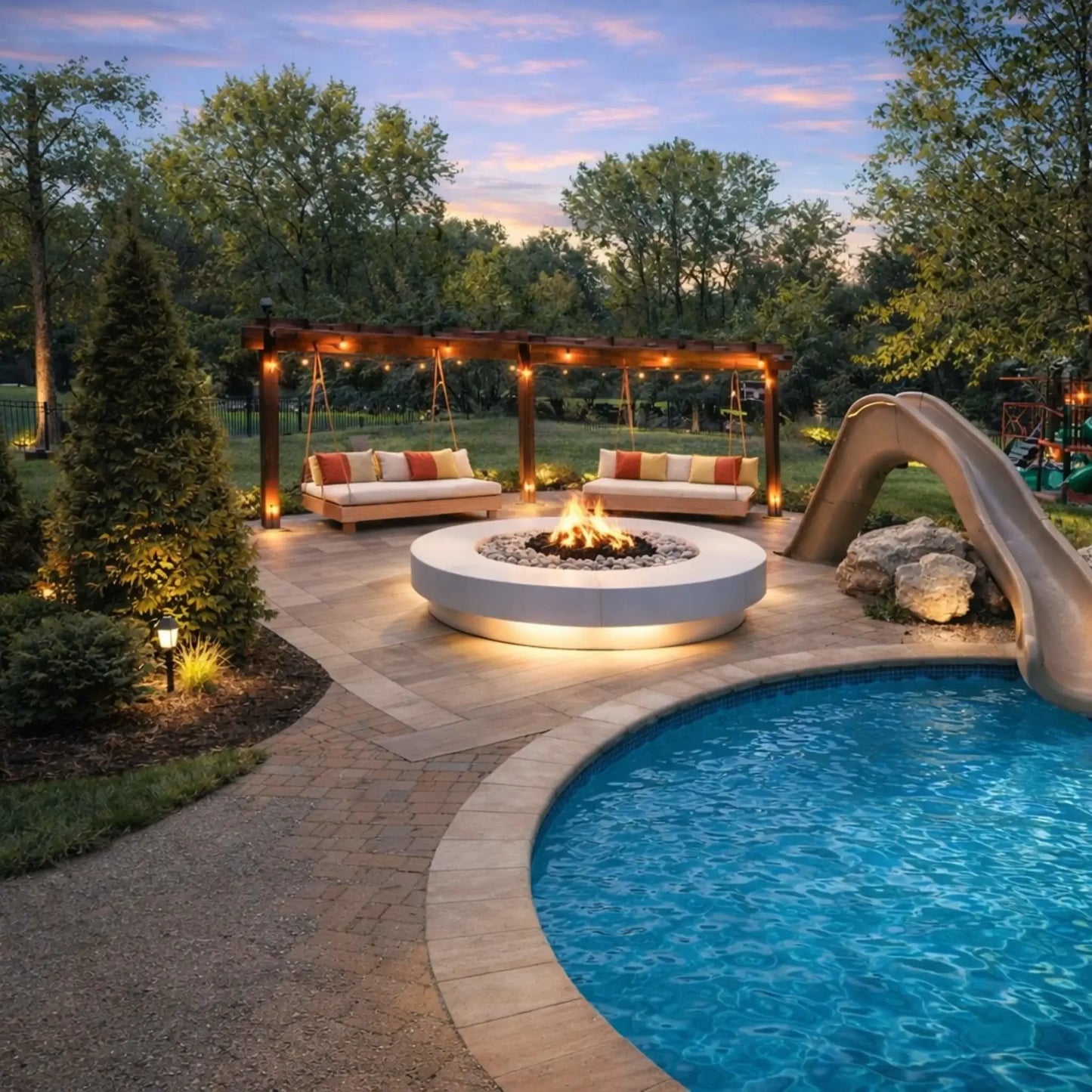 Rustic round metal fire pit bowl filled with glowing flames and fire glass, set on a brick patio beside a swimming pool. Outdoor chairs and string lights enhance the relaxed backyard ambiance during golden hour.