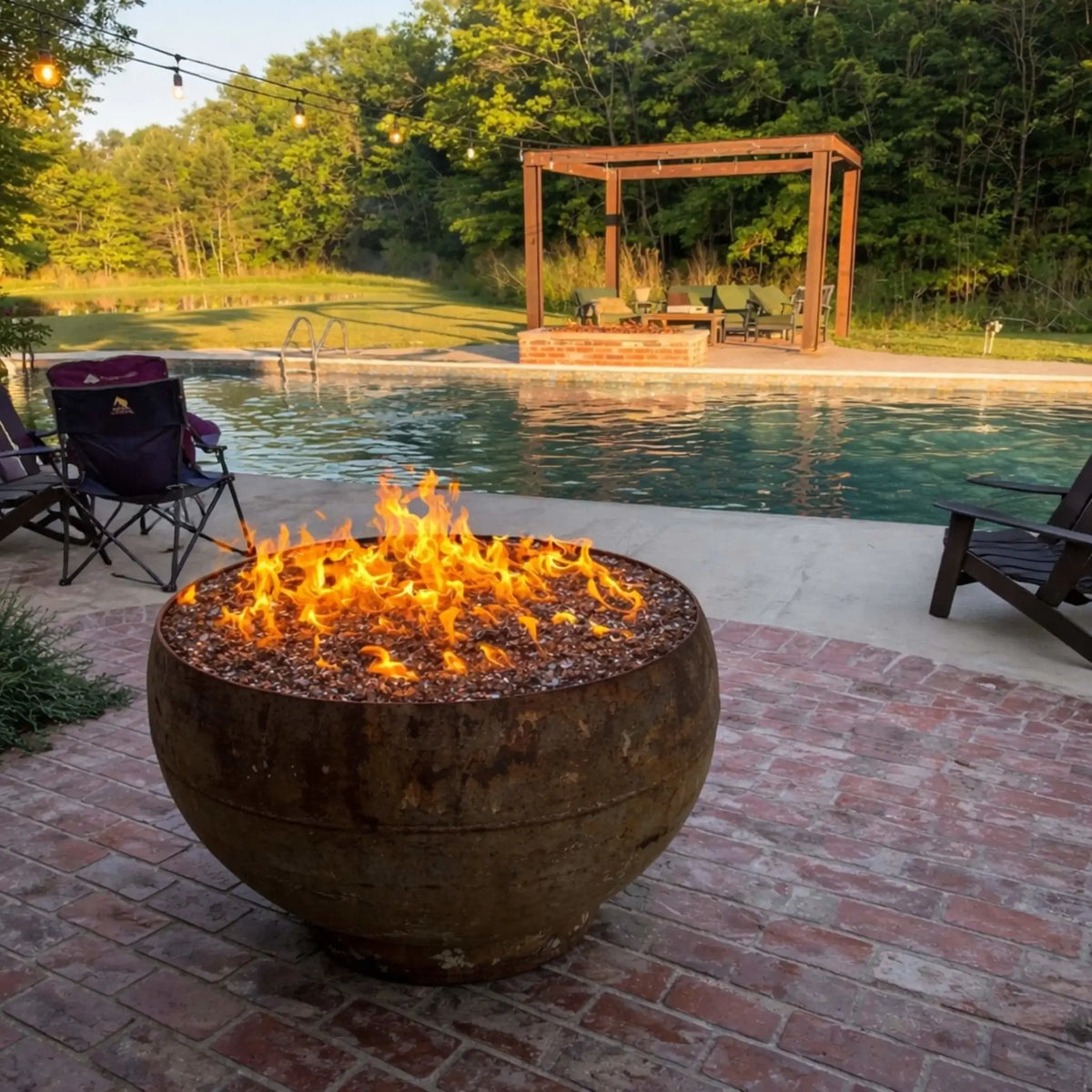 Classic stone fire pit built into a lakeside patio, featuring stacked logs burning with tall flames surrounded by dark river rocks. Tall trees and a calm lake in the background create a peaceful, natural outdoor setting.