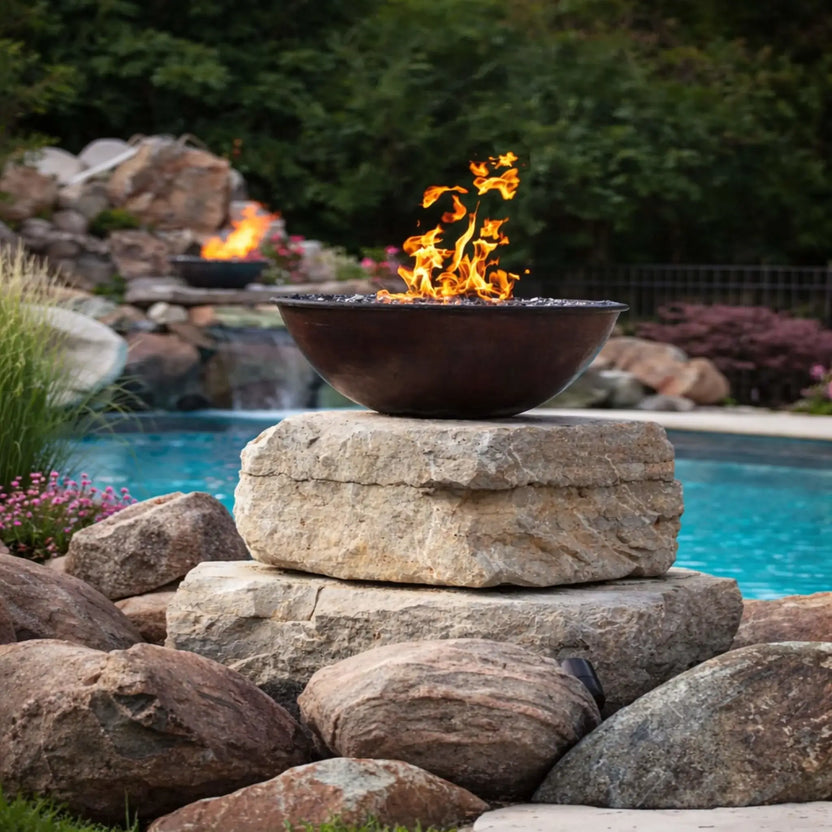 Rustic metal bowl fire pit mounted on stacked natural stone slabs, burning with bright orange flames over dark lava rock. Set beside a clear blue backyard pool with a rock waterfall feature and lush landscaping, this design blends fire and water for a high-end outdoor living space.
