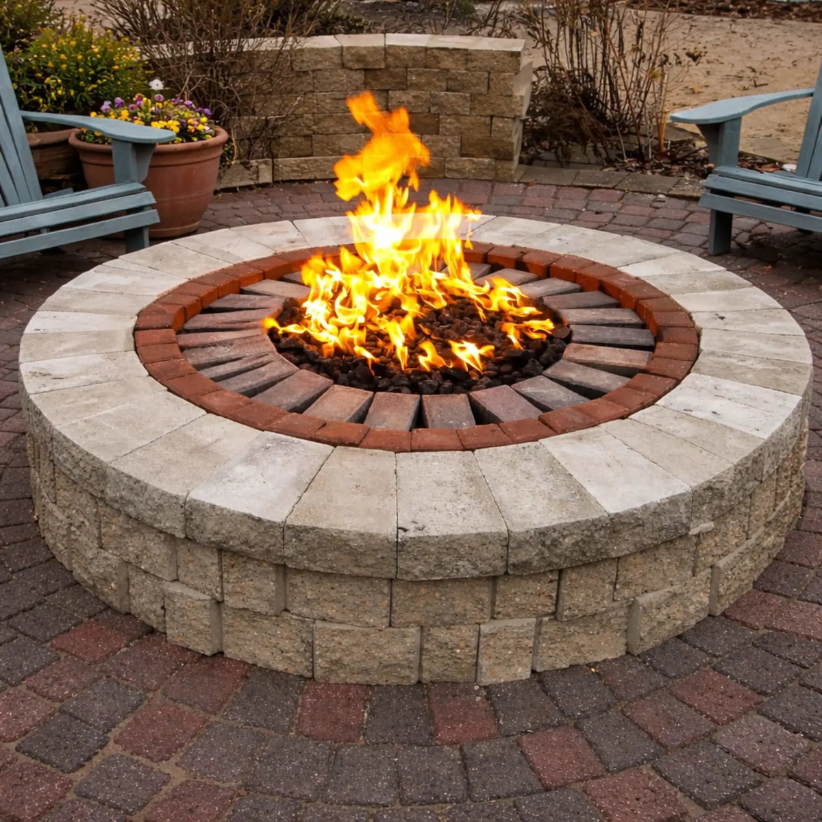Circular stone fire pit with a brick-accented inner ring and radial paver pattern, producing a full, lively flame over lava rock. Surrounded by Adirondack chairs and a paved patio, this setup creates a welcoming backyard gathering area with a classic, durable design.