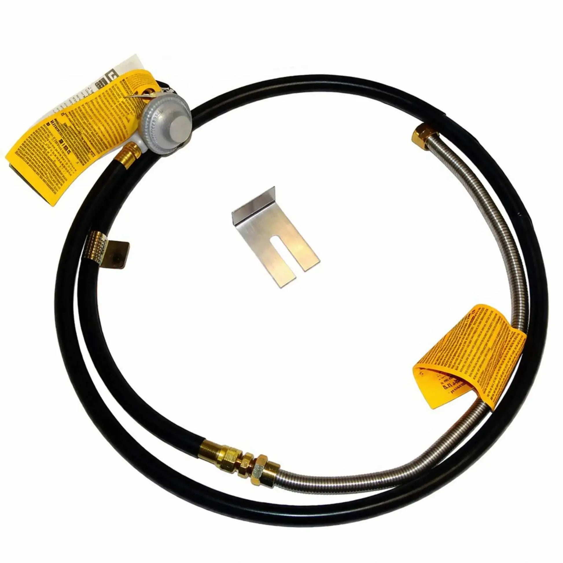 Close-up product image of a liquid propane small tank connection kit featuring a durable black rubber gas hose with integrated regulator, brass fittings, and a stainless steel flex line section. Yellow safety tags are attached near both ends, and a metal mounting bracket is included for secure installation. The setup is designed for connecting portable propane tanks to fire pits or outdoor gas appliances.
