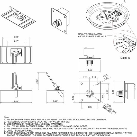 Detailed technical specification drawing of a fire pit spark ignition kit showing multiple orthographic views, dimensions, and installation details. Includes igniter electrode assembly, control module faceplate with knob, mounting plate measurements, and burner placement diagram indicating spark igniter position above burner port hole. Notes outline ventilation requirements, gas pressure specs, and installation guidelines for safe operation.