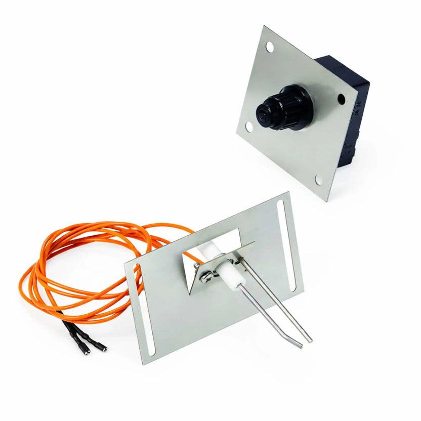 Product image of a fire pit spark ignition kit on a clean white background featuring a metal mounting plate with dual electrode igniter and attached orange high-voltage wires, alongside a separate control module with a black adjustment knob mounted on a square faceplate. Components are clearly displayed for installation, highlighting durable construction and simple manual ignition control design.