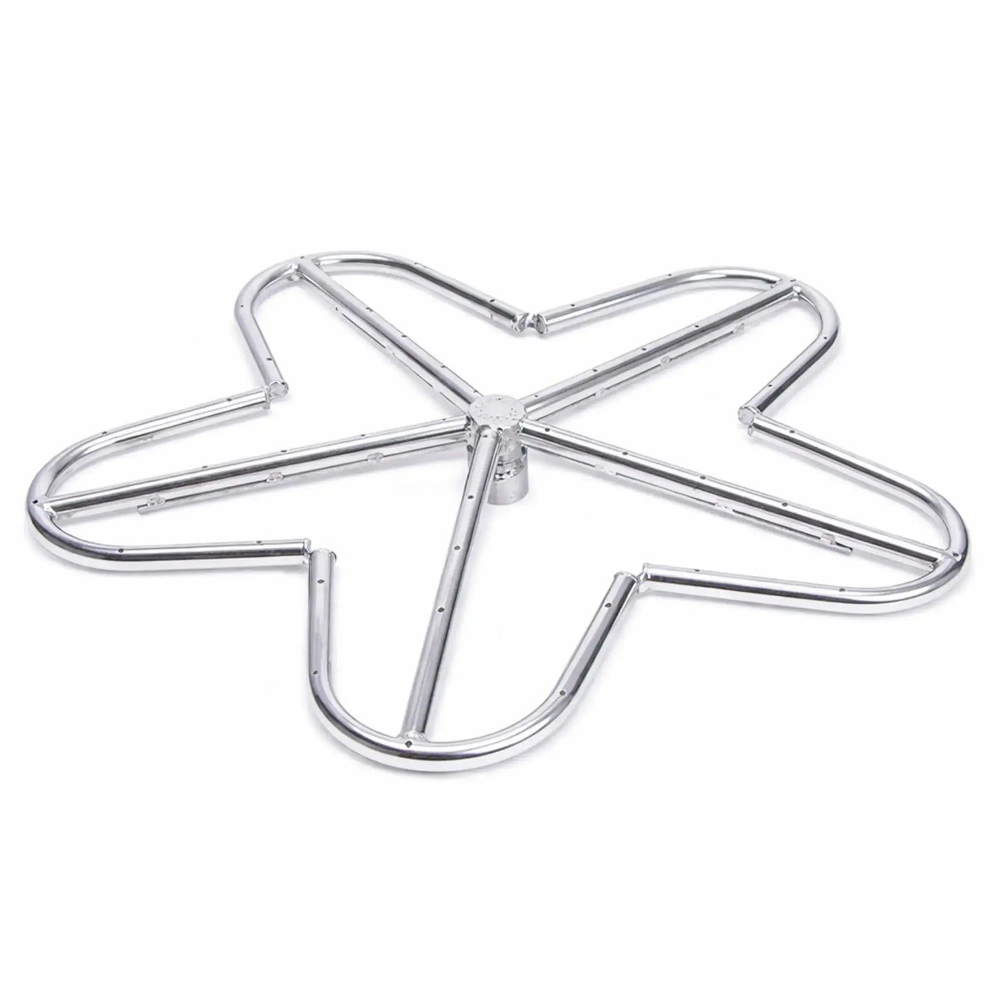 Top-down view of a stainless steel penta-shaped fire pit burner with five rounded lobes and evenly spaced gas ports, centered on a clean white background to highlight construction details and symmetrical design.